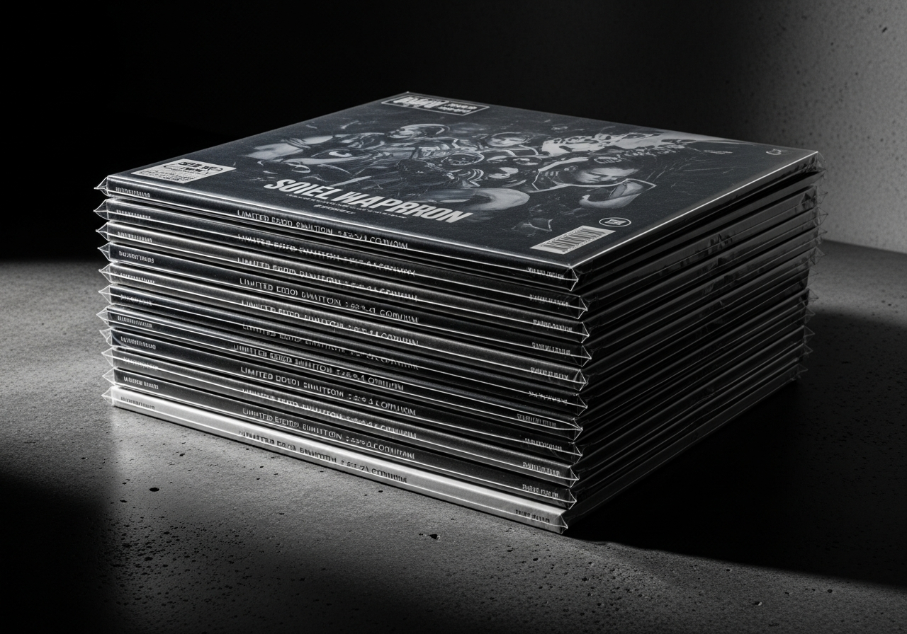 Stack of sealed limited-edition collectibles under dramatic lighting
