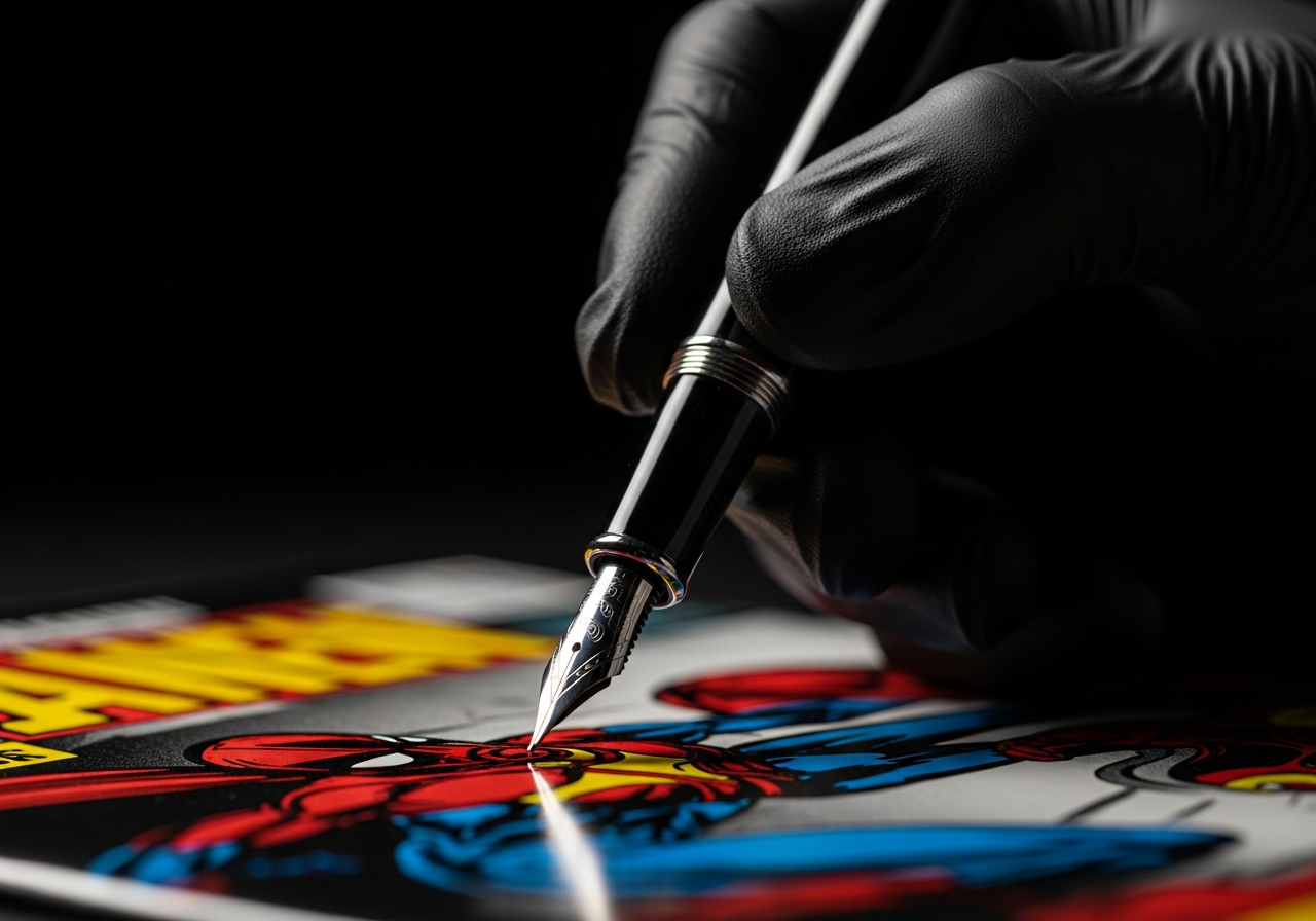 Premium fountain pen signing a comic book cover