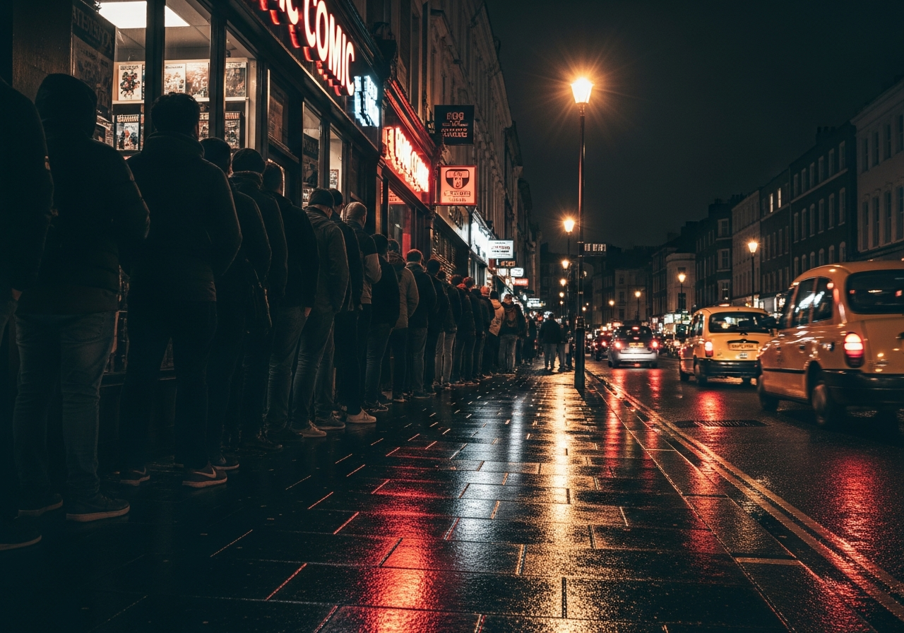 Professional queuer waiting outside a London store at night